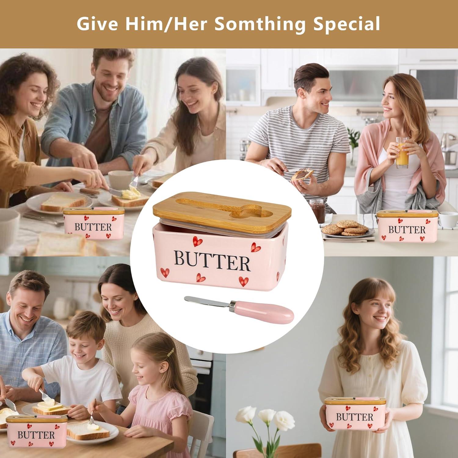 Plato de Mantequilla Cerámica Rosa YumiPLUS con Tapa Bambú