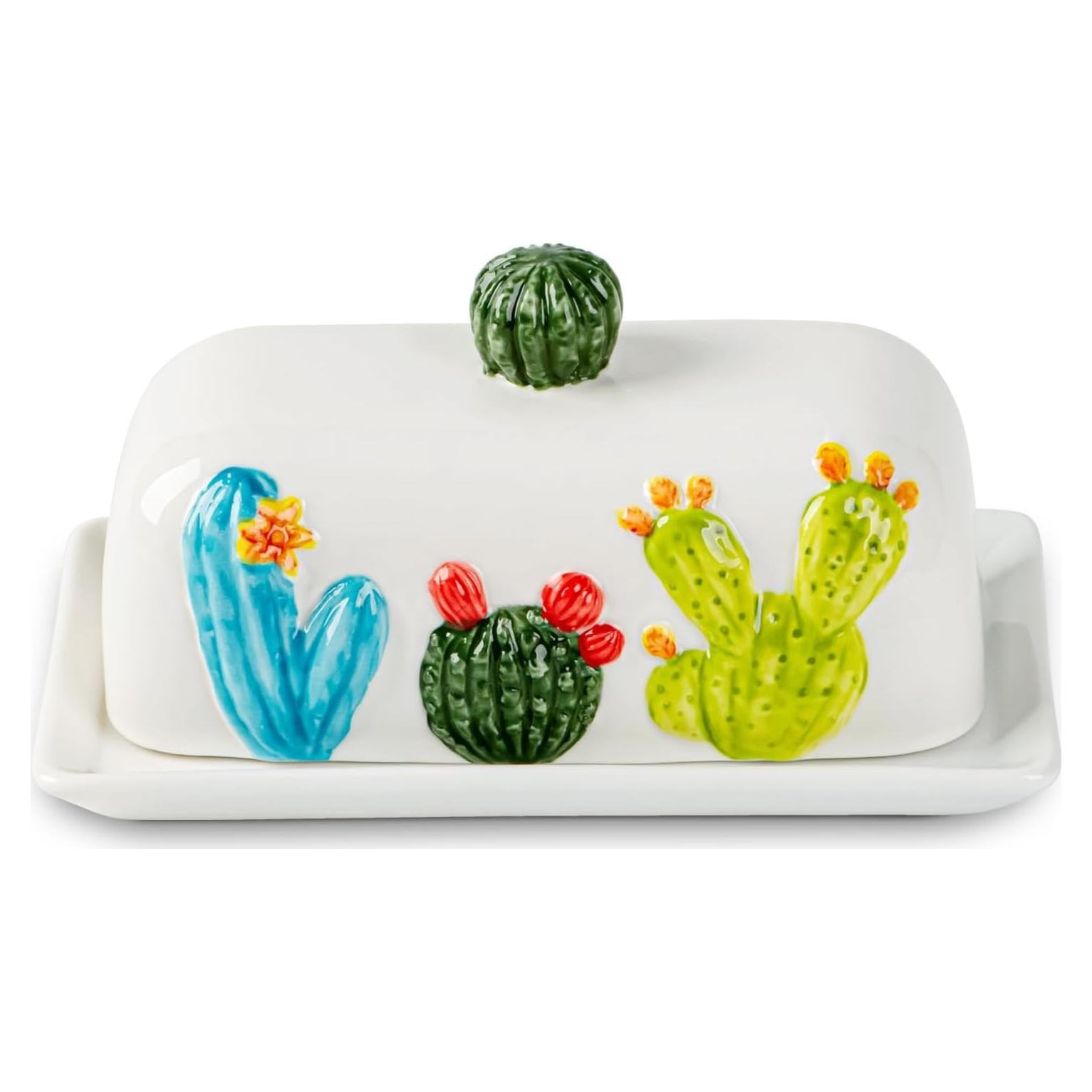 Plato de Mantequilla Cerámico Cactus con Tapa 24.2x15cm