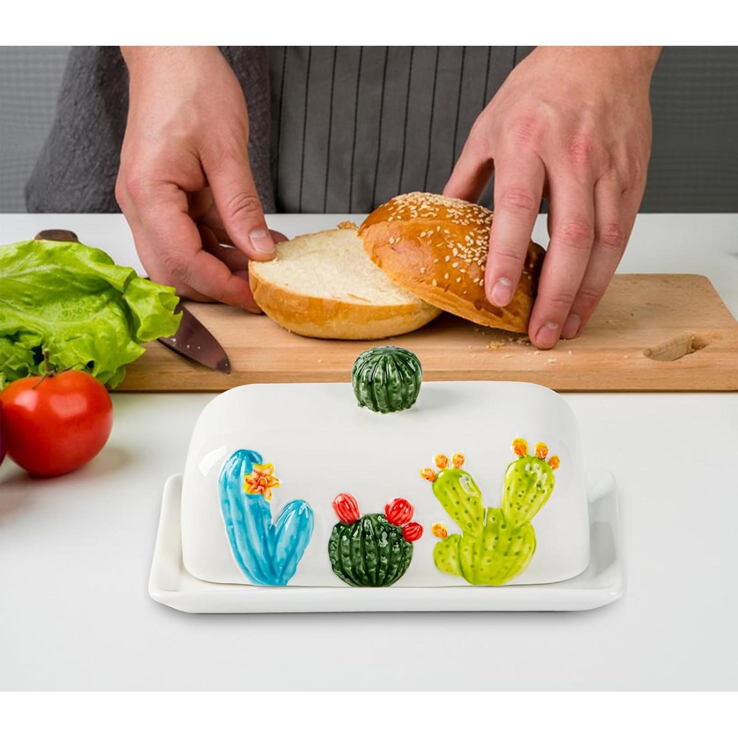 Plato de Mantequilla Cerámico Cactus con Tapa 24.2x15cm