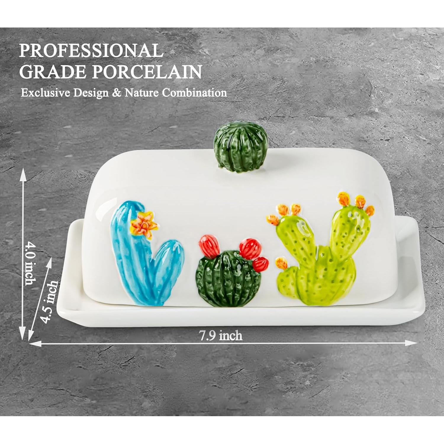Plato de Mantequilla Cerámico Cactus con Tapa 24.2x15cm