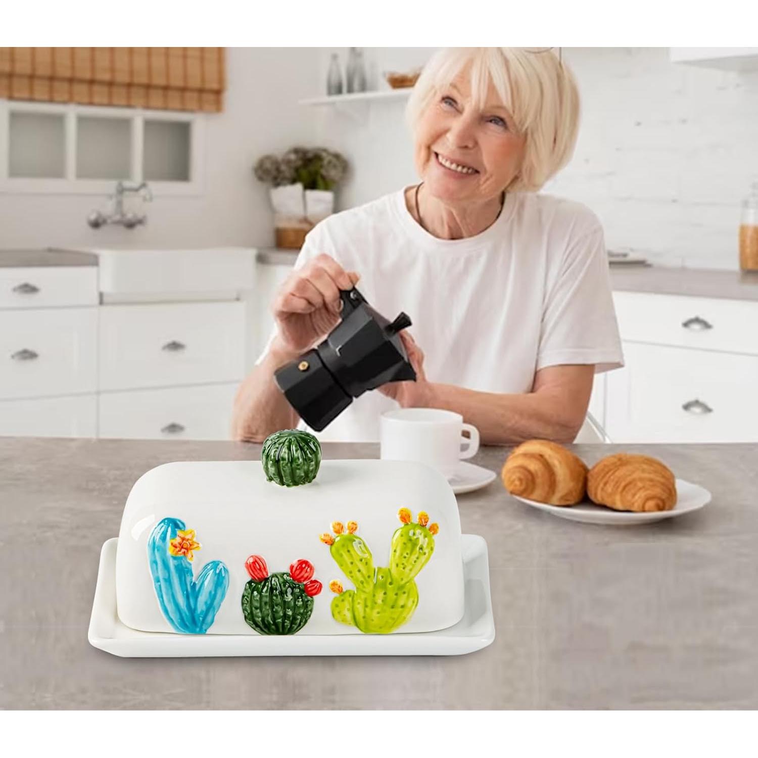 Plato de Mantequilla Cerámico Cactus con Tapa 24.2x15cm