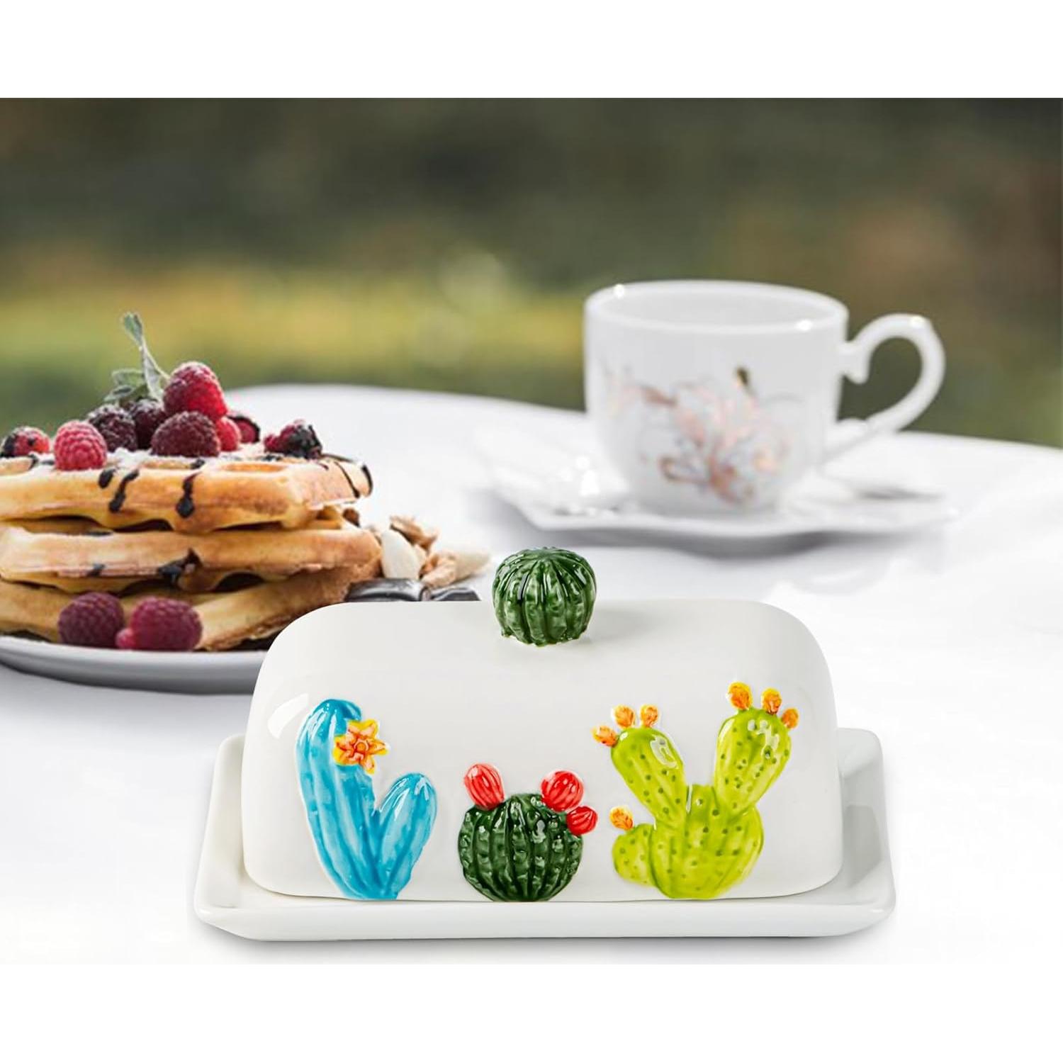 Plato de Mantequilla Cerámico Cactus con Tapa 24.2x15cm