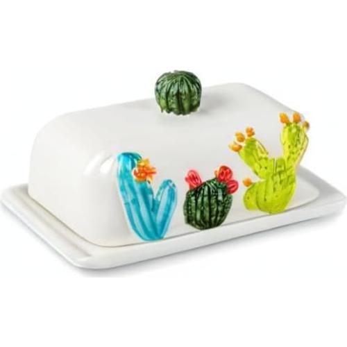 Plato de Mantequilla Cerámico Cactus con Tapa 24.2x15cm
