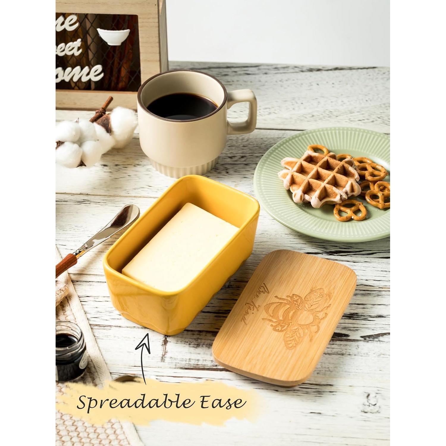 Plato de Mantequilla Cerámica YHOJOY Amarillo con Tapa 13x6cm