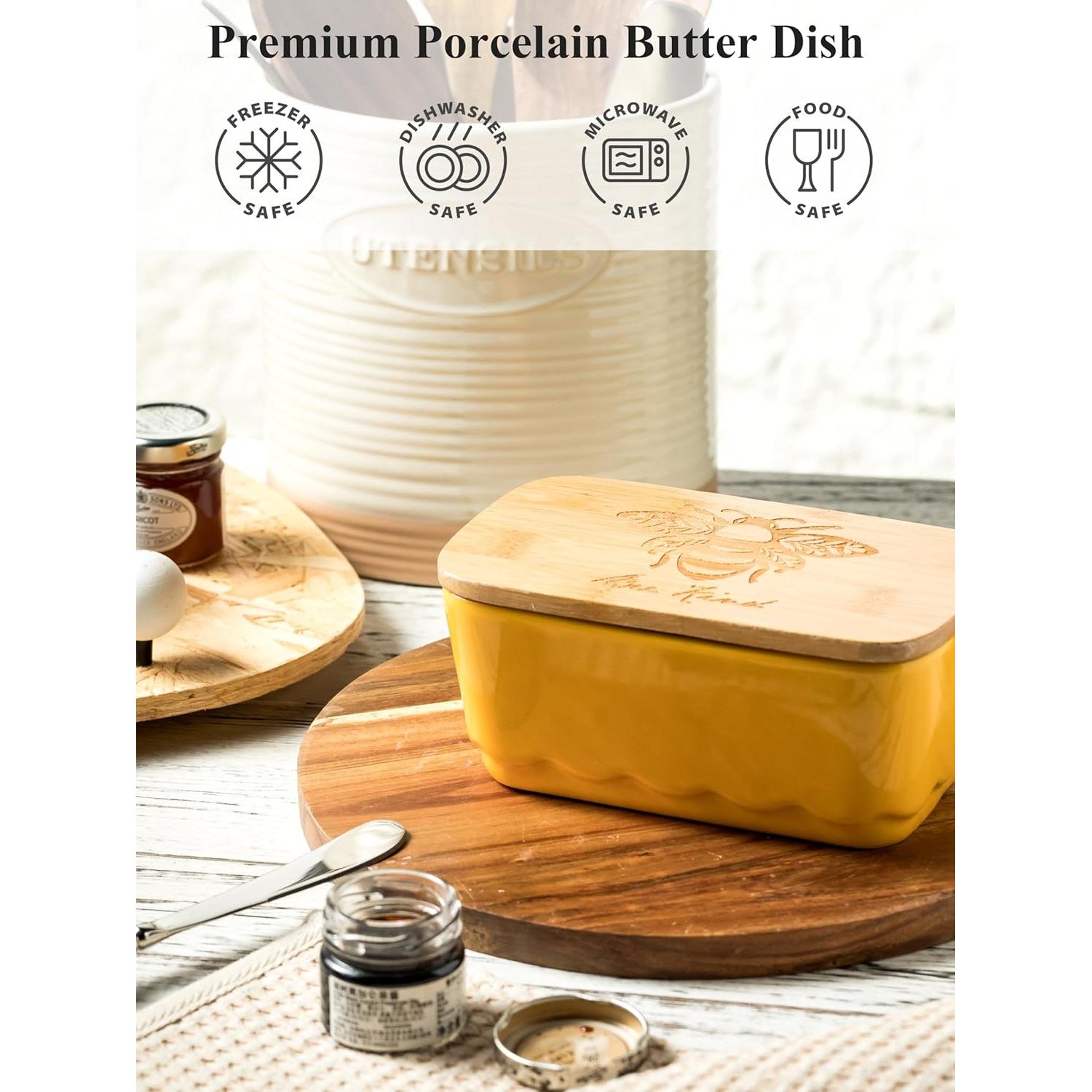 Plato de Mantequilla Cerámica YHOJOY Amarillo con Tapa 13x6cm