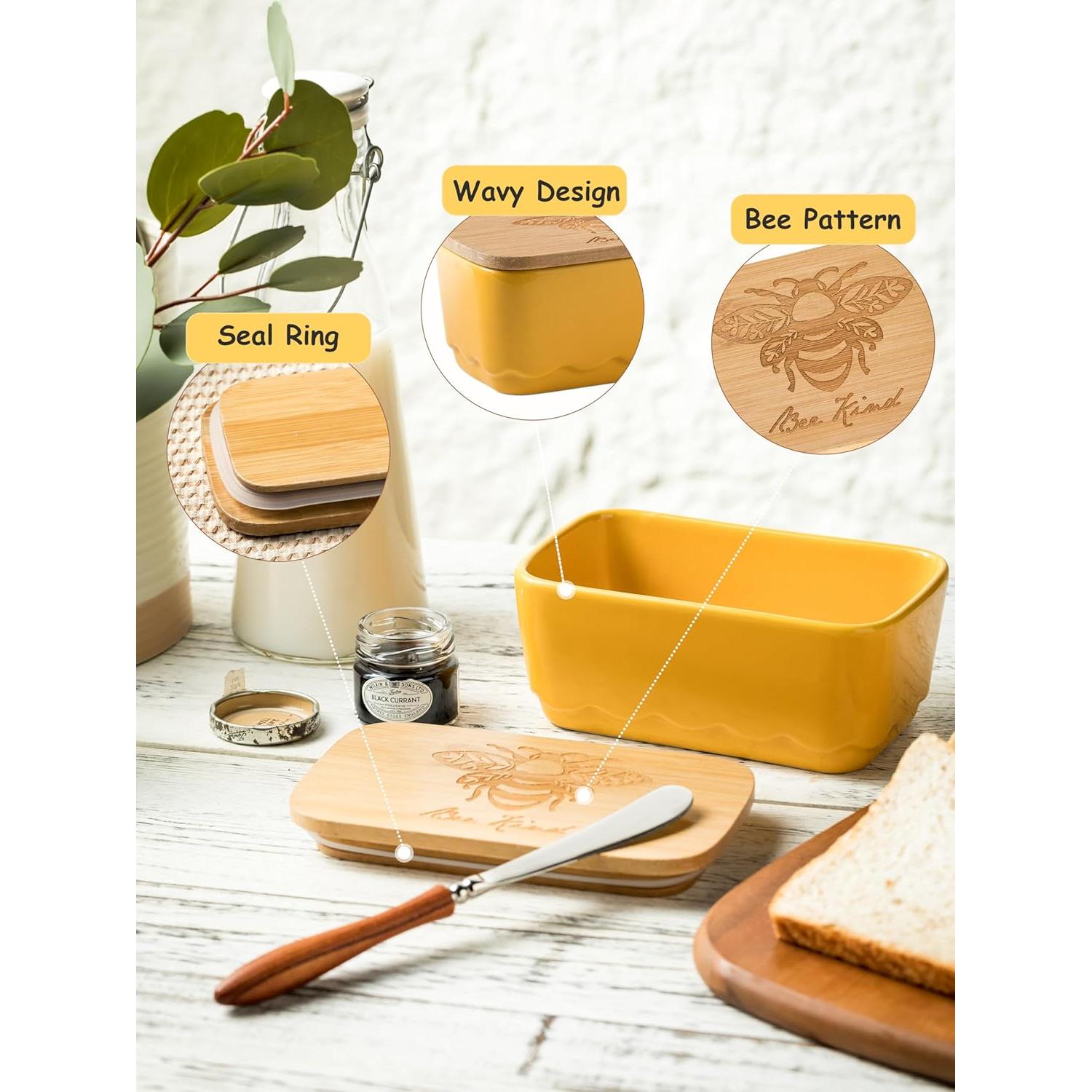 Plato de Mantequilla Cerámica YHOJOY Amarillo con Tapa 13x6cm