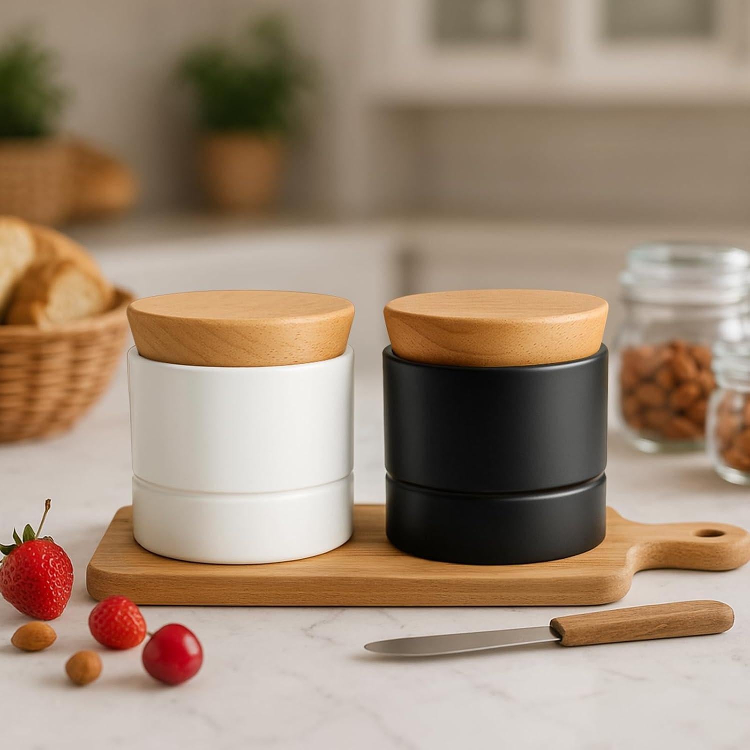 Crock de Mantequilla Samseel con Tapa de Madera 125g Negro Mate