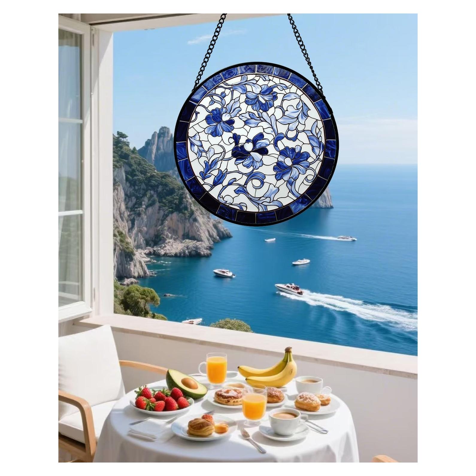 Colgante de Ventana de Vidrio Templado 19.8 cm Azul Floral