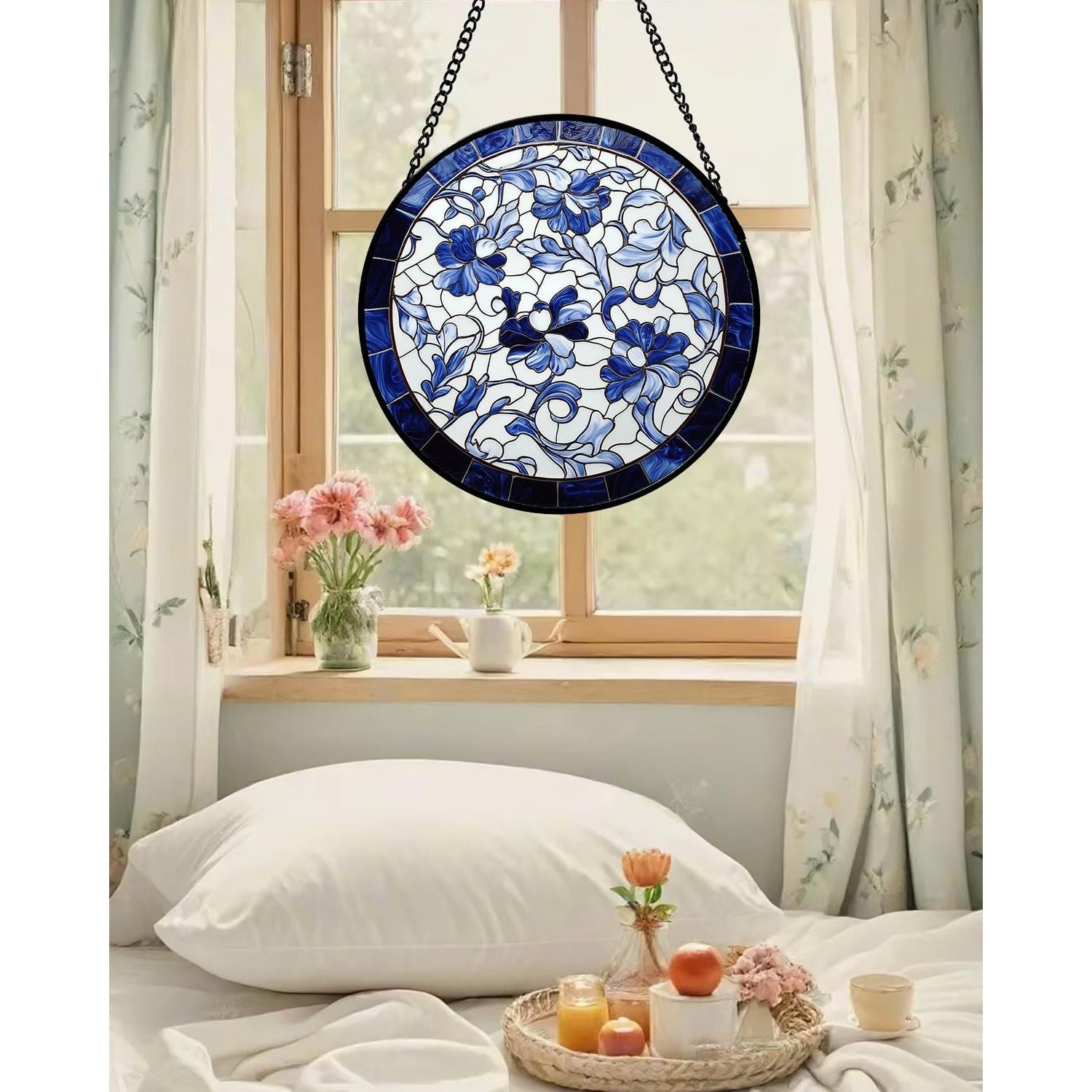 Colgante de Ventana de Vidrio Templado 19.8 cm Azul Floral