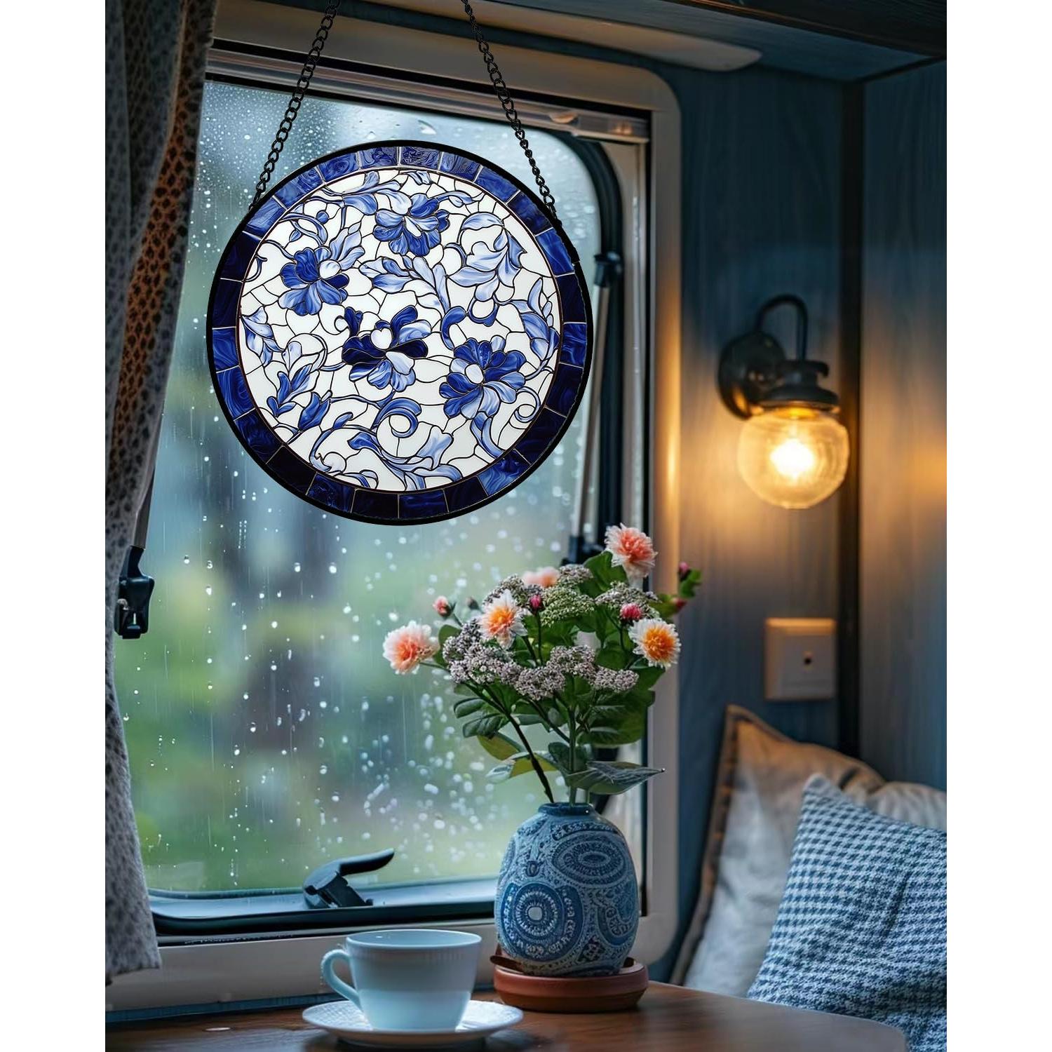 Colgante de Ventana de Vidrio Templado 19.8 cm Azul Floral