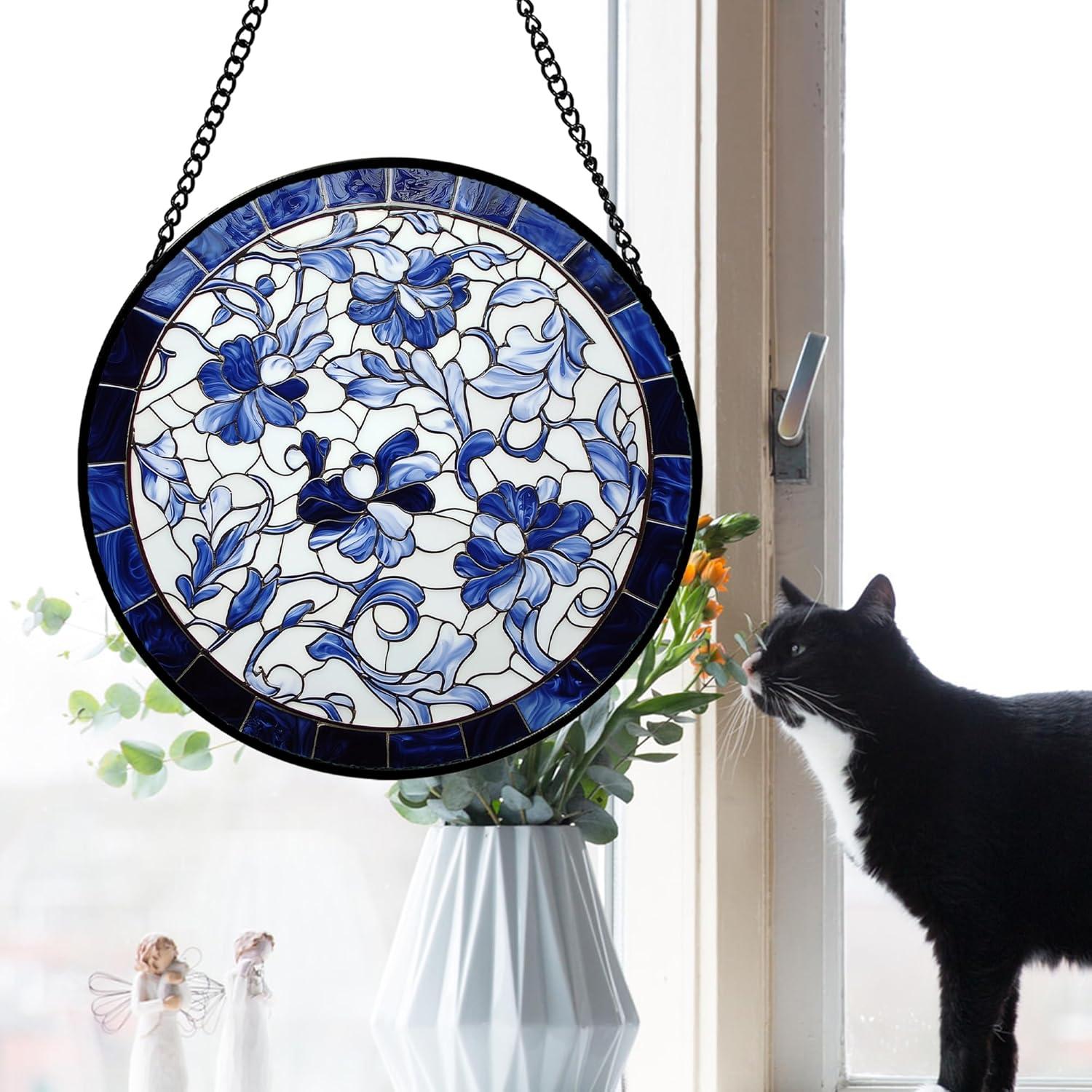 Colgante de Ventana de Vidrio Templado 19.8 cm Azul Floral