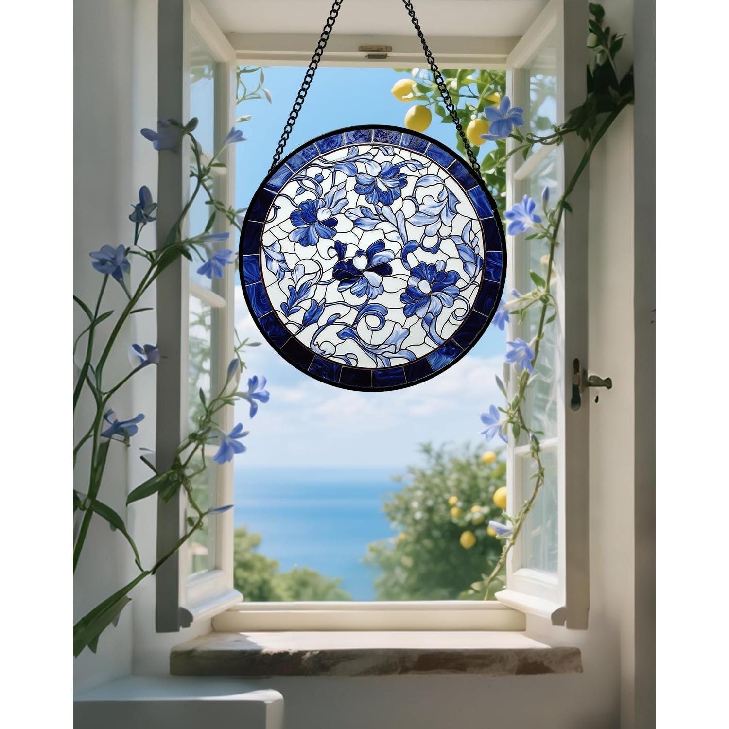 Colgante de Ventana de Vidrio Templado 19.8 cm Azul Floral