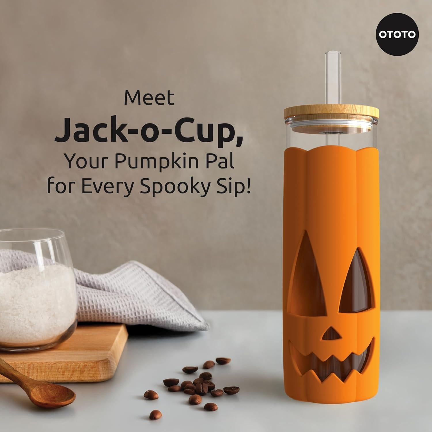 Vaso de Vidrio con Tapa y Pajitas OTOTO Jack-o-Cup 500ml