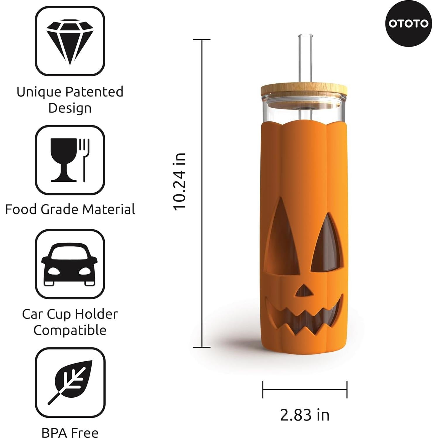 Vaso de Vidrio con Tapa y Pajitas OTOTO Jack-o-Cup 500ml