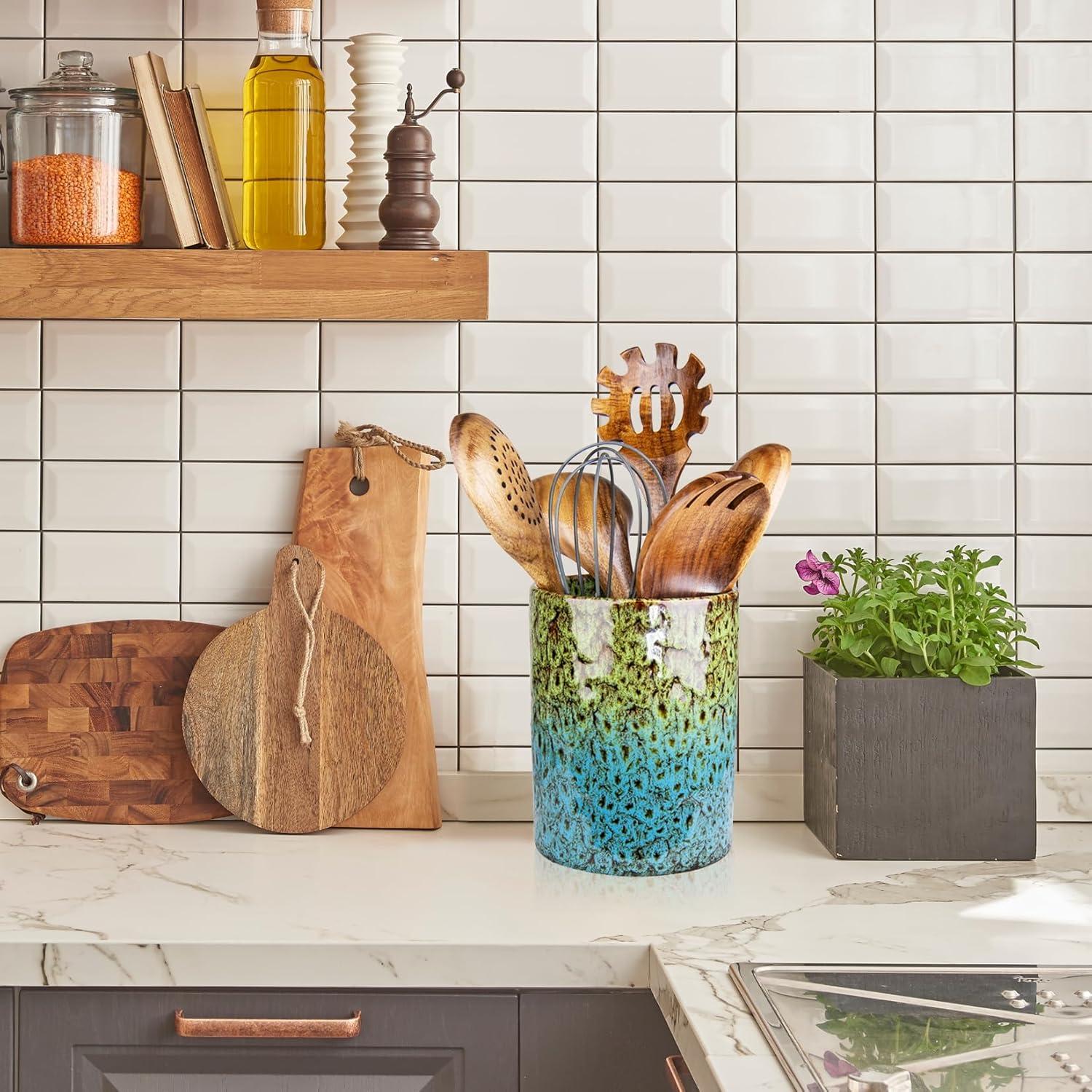 Soporte de Utensilios de Cerámica YINUOWEI Verde y Azul 12.2x17cm