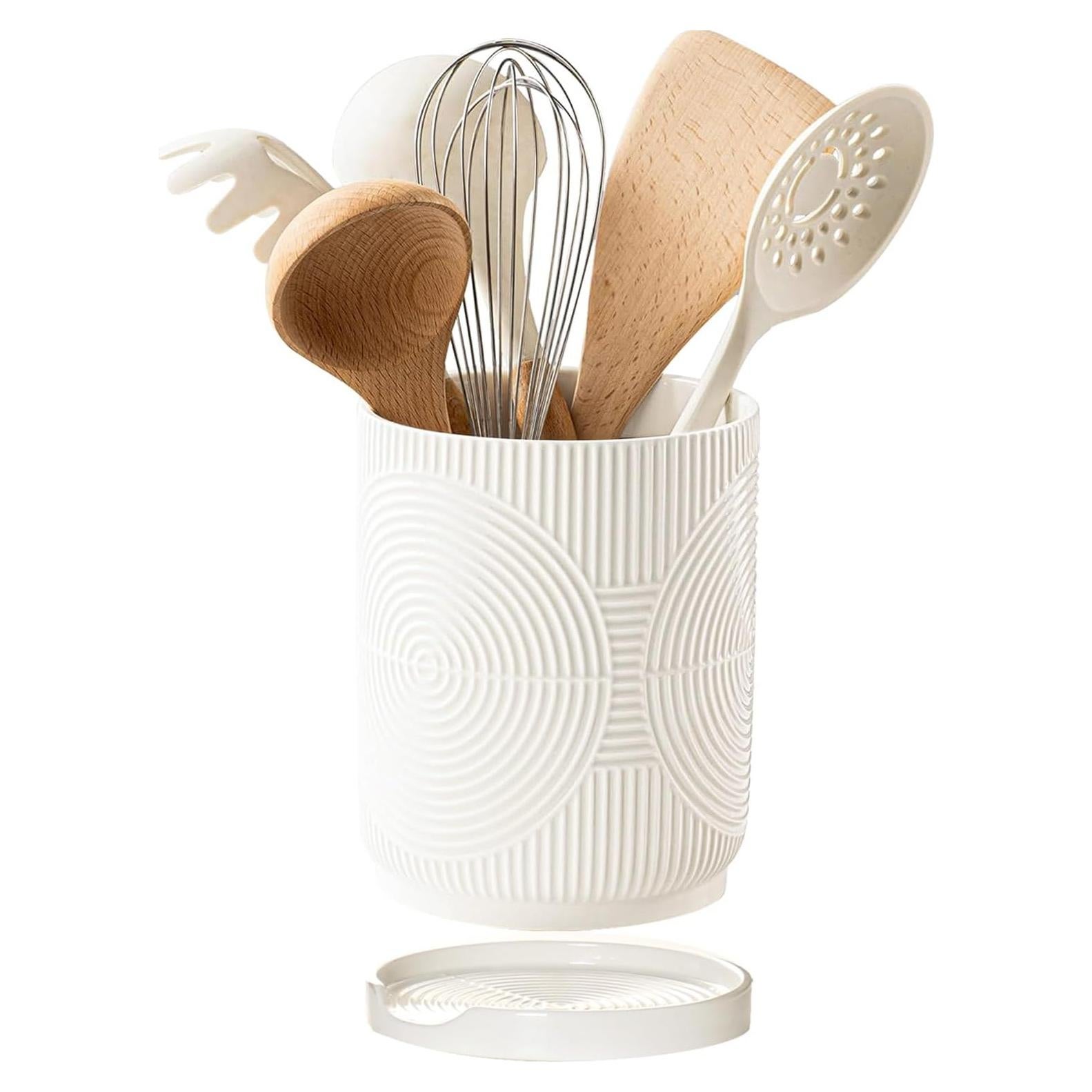 Soporte de Utensilios de Cocina Cerámica SWKIEN 2 en 1 Blanco