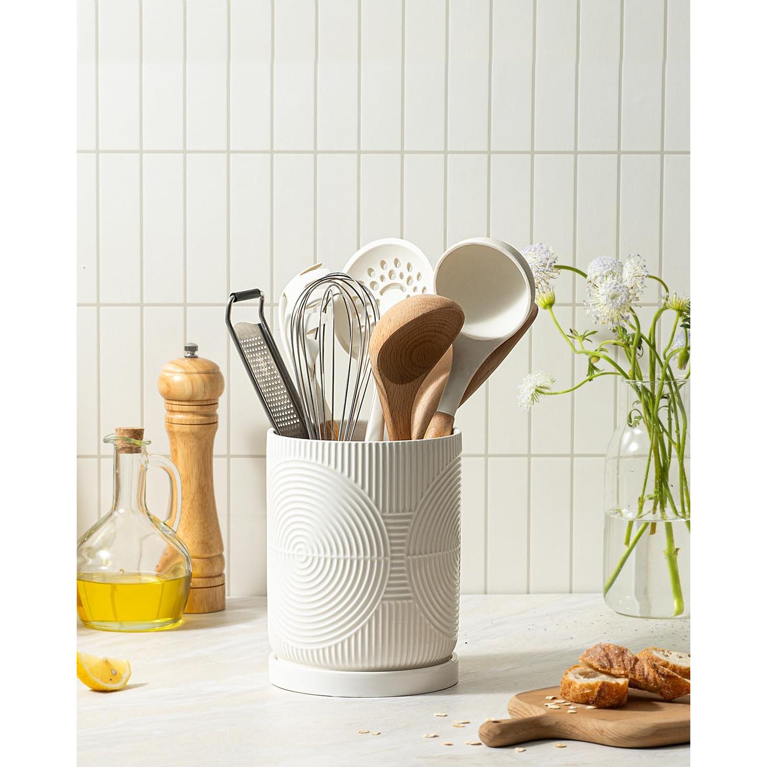 Soporte de Utensilios de Cocina Cerámica SWKIEN 2 en 1 Blanco