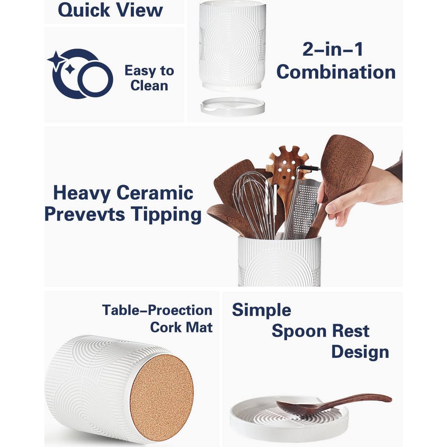 Soporte de Utensilios de Cocina Cerámica SWKIEN 2 en 1 Blanco