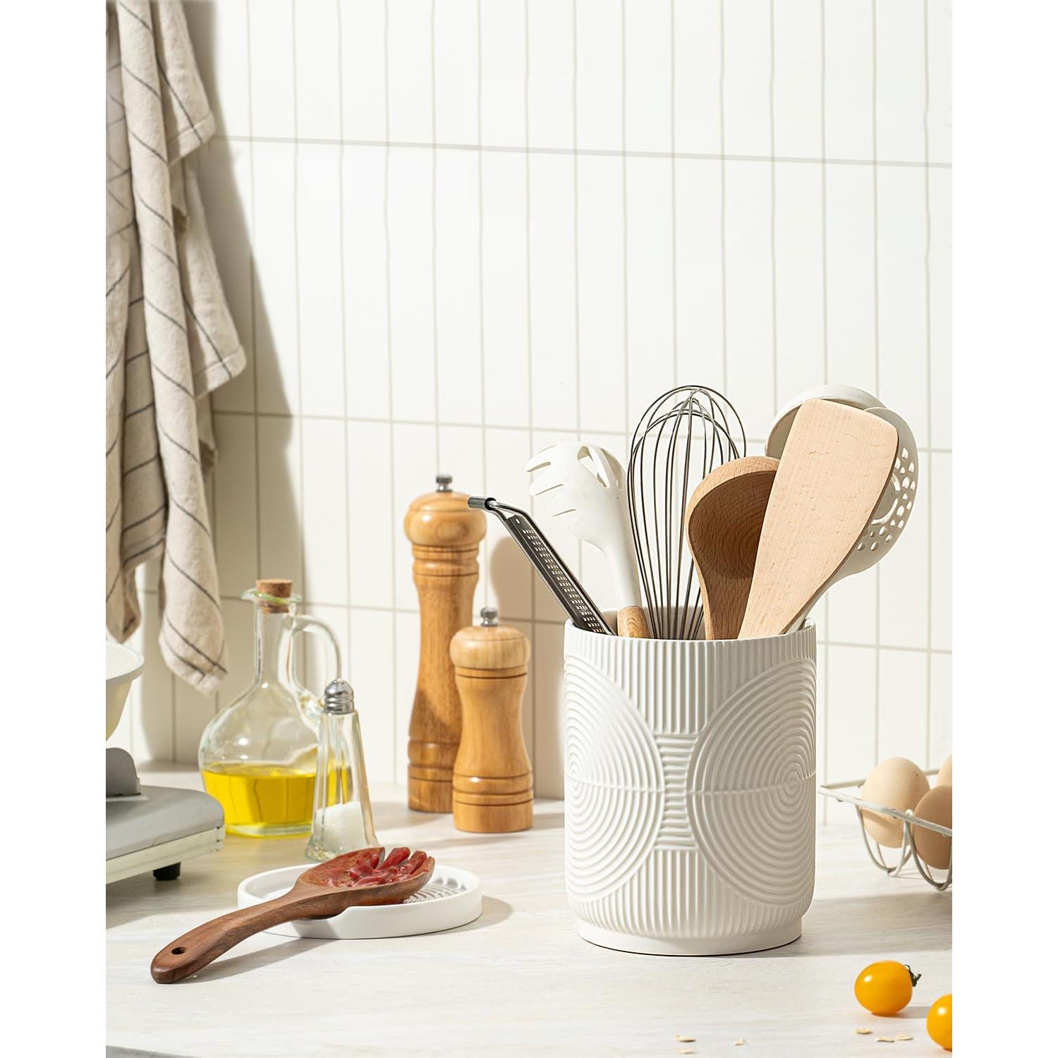 Soporte de Utensilios de Cocina Cerámica SWKIEN 2 en 1 Blanco