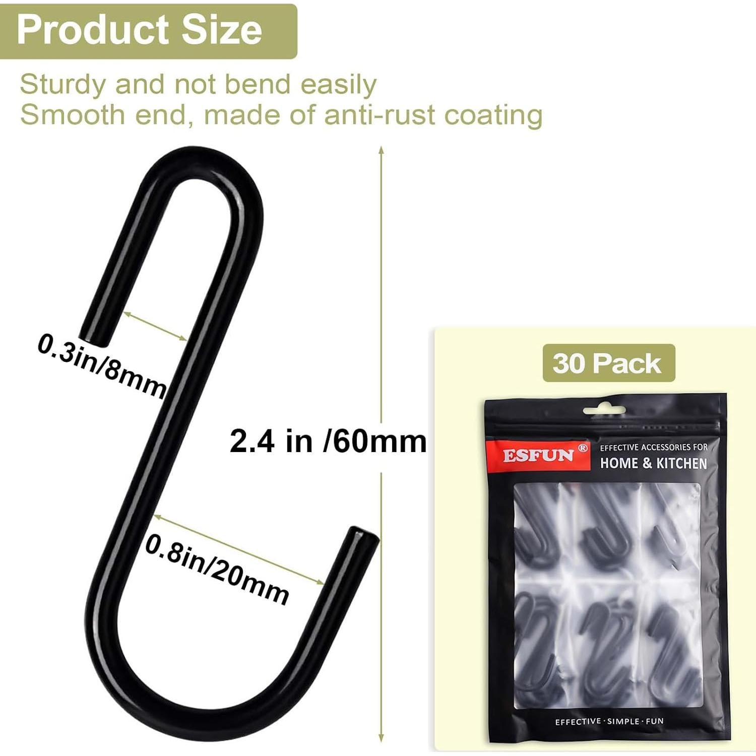 30 Ganchos S de Acero ESFUN para Colgar Utensilios - Negro