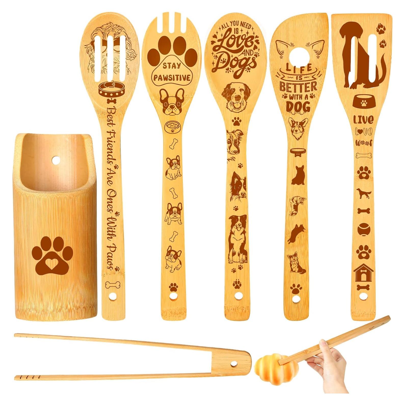 Juego de Utensilios de Cocina de Bambú eBoot - 7 Piezas con Soporte y Clip - Diseño de Perro