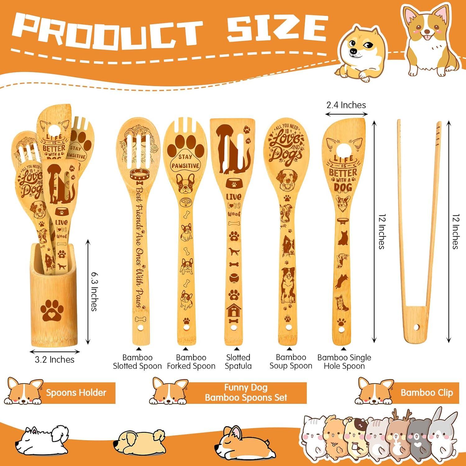 Juego de Utensilios de Cocina de Bambú eBoot - 7 Piezas con Soporte y Clip - Diseño de Perro