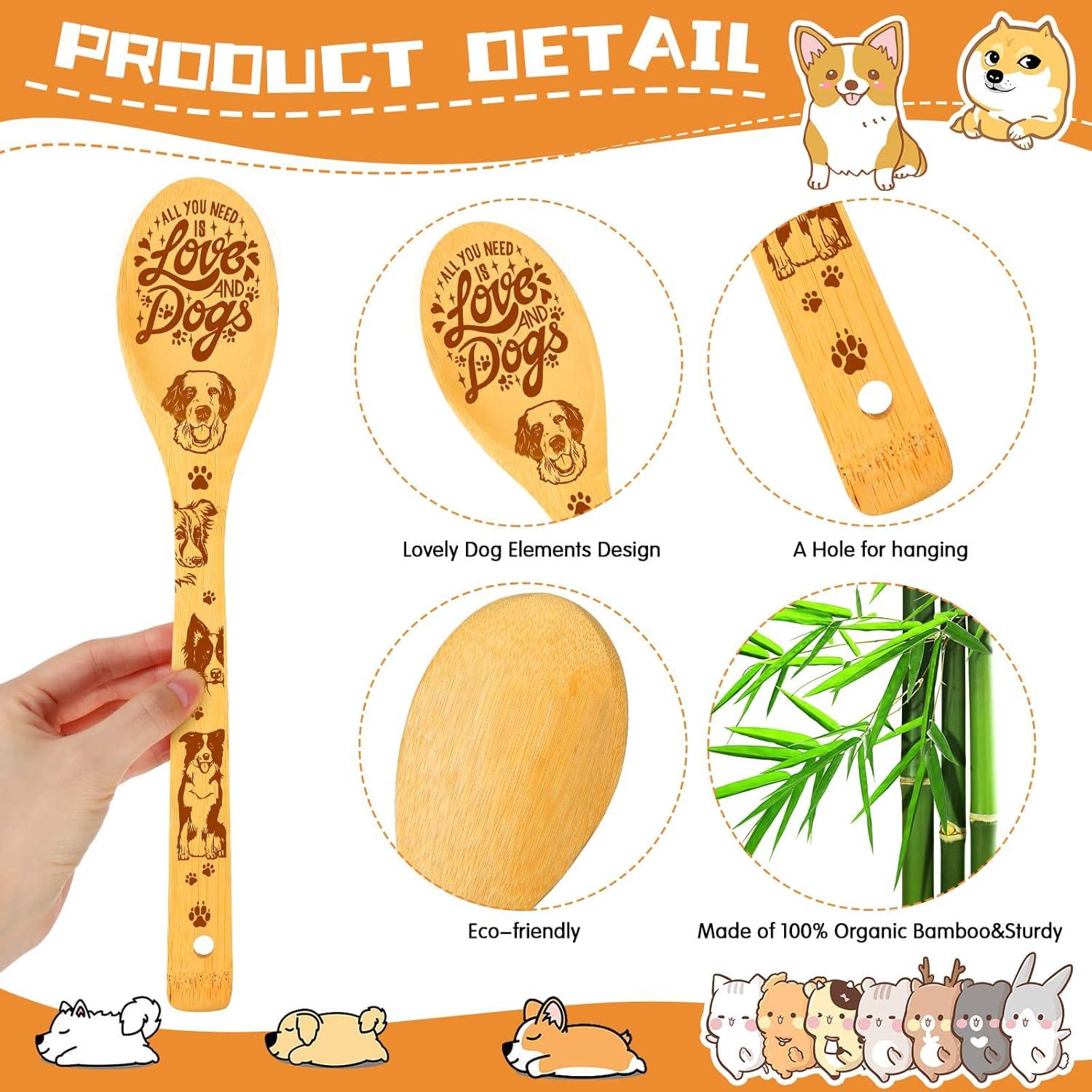 Juego de Utensilios de Cocina de Bambú eBoot - 7 Piezas con Soporte y Clip - Diseño de Perro