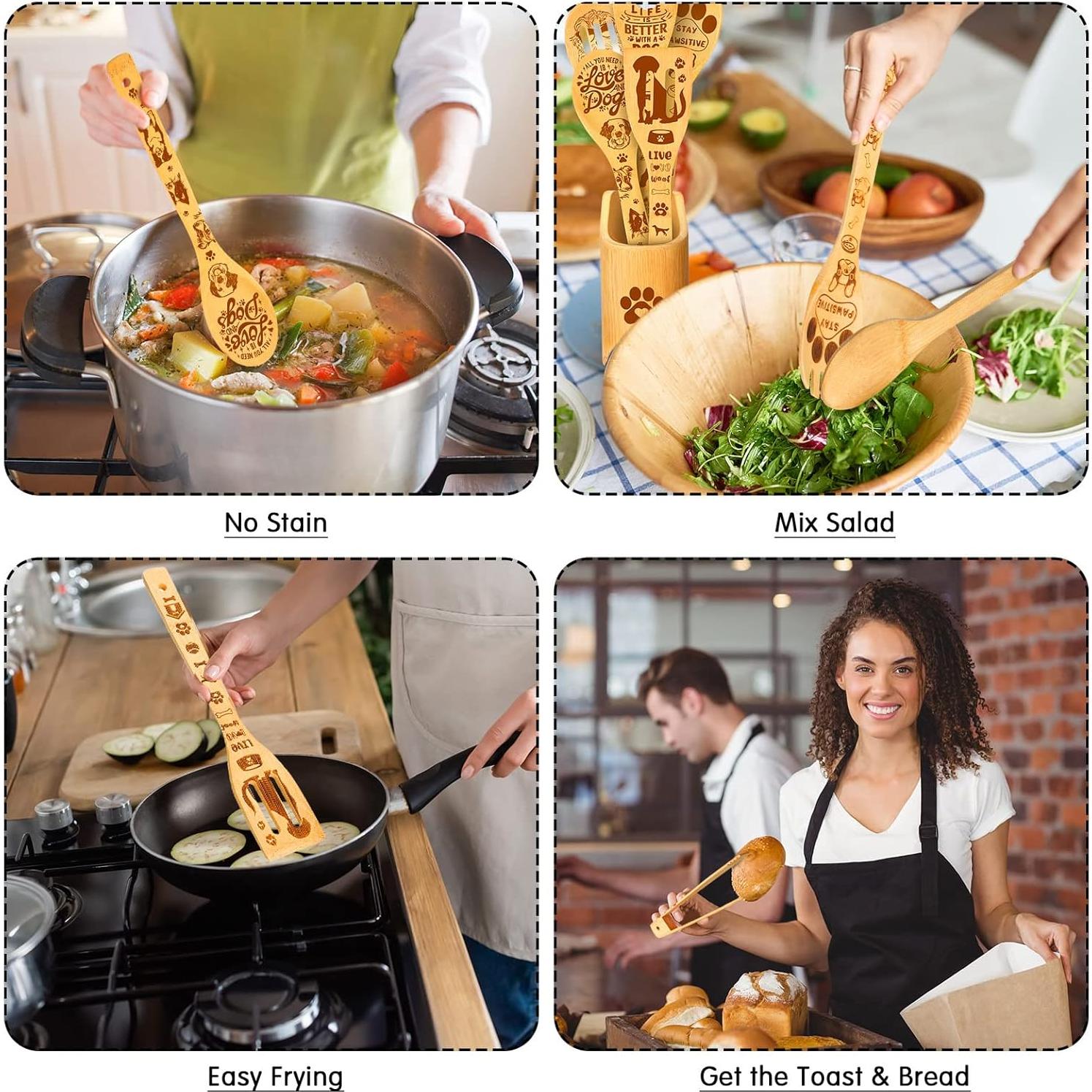 Juego de Utensilios de Cocina de Bambú eBoot - 7 Piezas con Soporte y Clip - Diseño de Perro