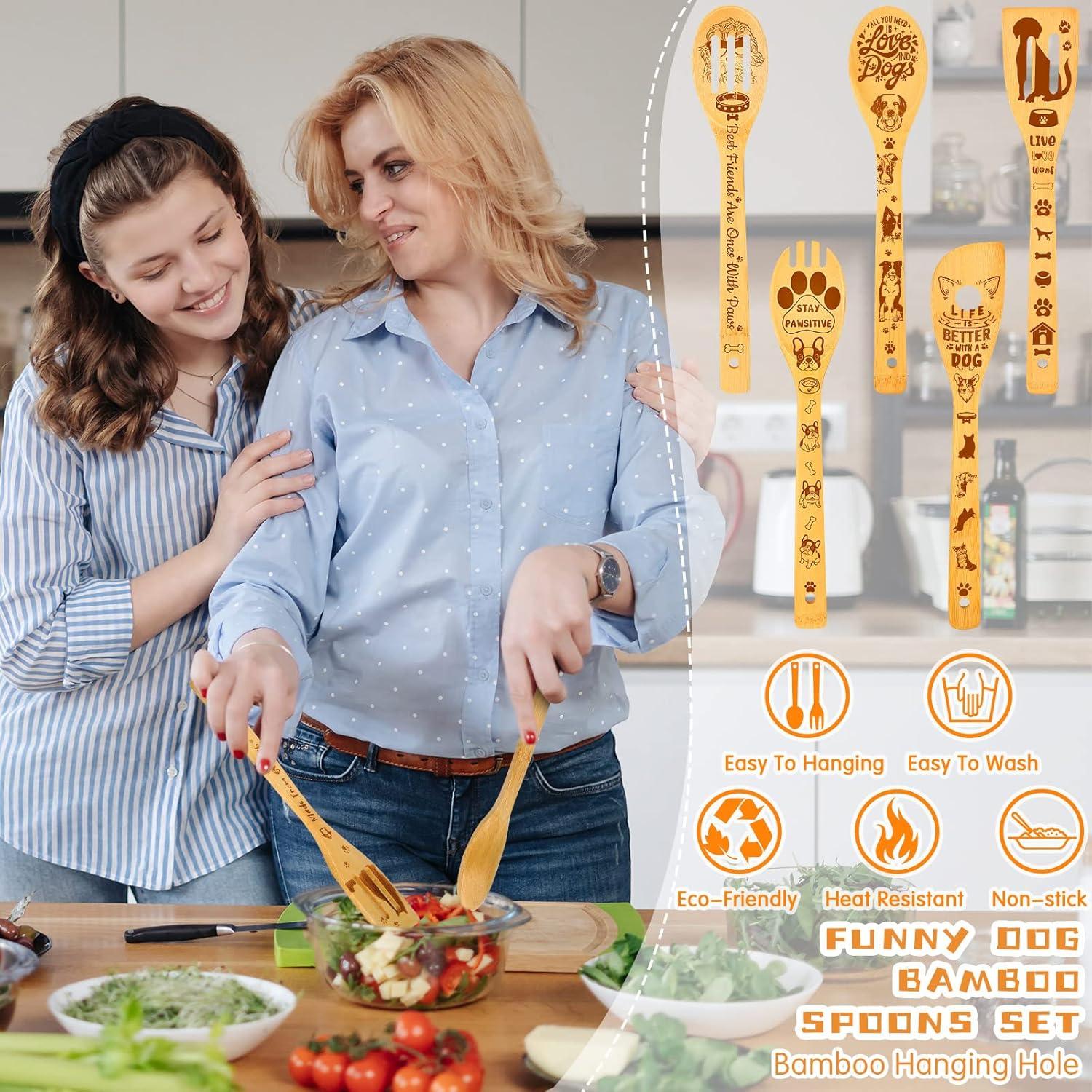 Juego de Utensilios de Cocina de Bambú eBoot - 7 Piezas con Soporte y Clip - Diseño de Perro