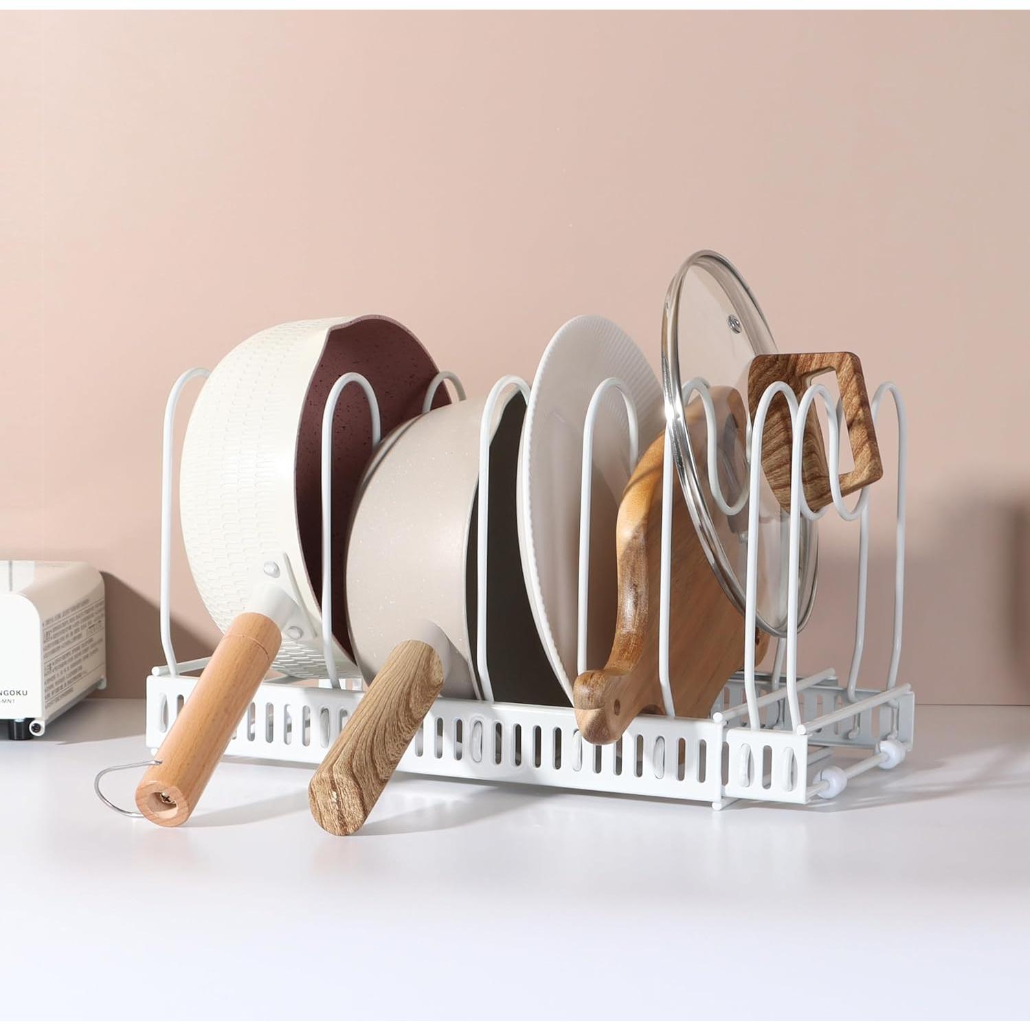 Organizador Expandible de Ollas y Sartenes WUETOAYA, 7 Compartimentos Ajustables, Blanco