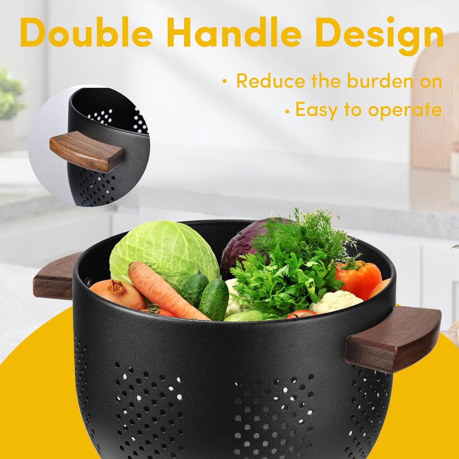 Colador de Metal ANABIUP 5.8QT con Mango de Madera Negro Mate