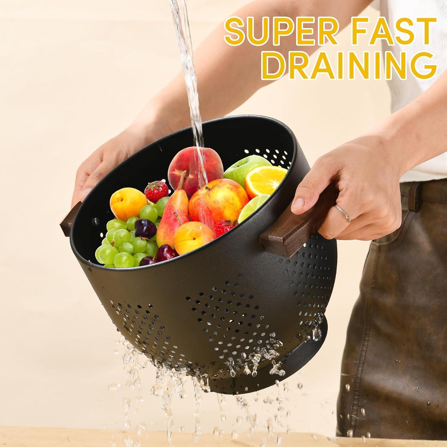 Colador de Metal ANABIUP 5.8QT con Mango de Madera Negro Mate