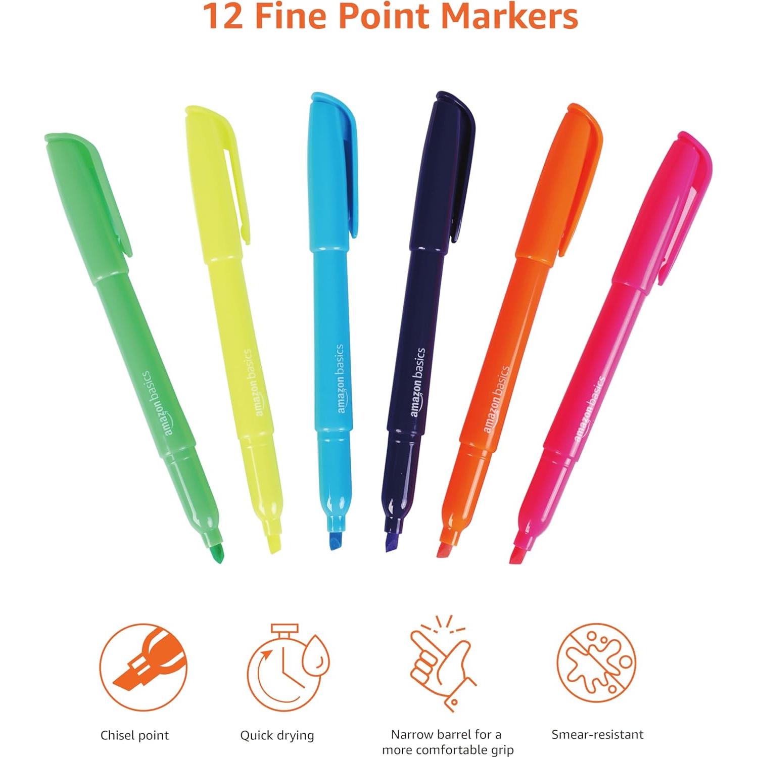 Marcadores Fluorescentes Amazon Basics, Punta Cincel, 12 Colores