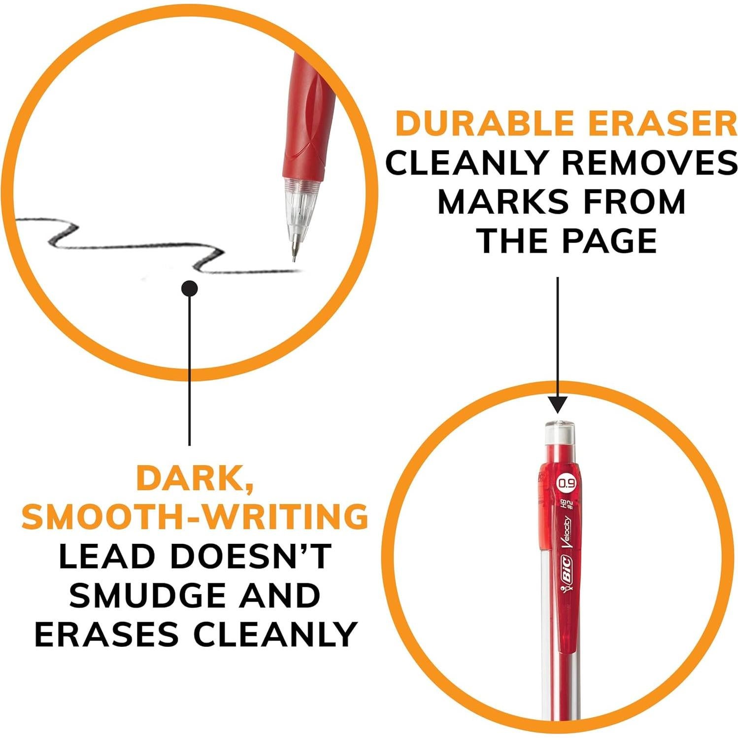 Lápices Mecánicos BIC Velocity 0.9mm Coloridos con Borradores - Paquete de 12