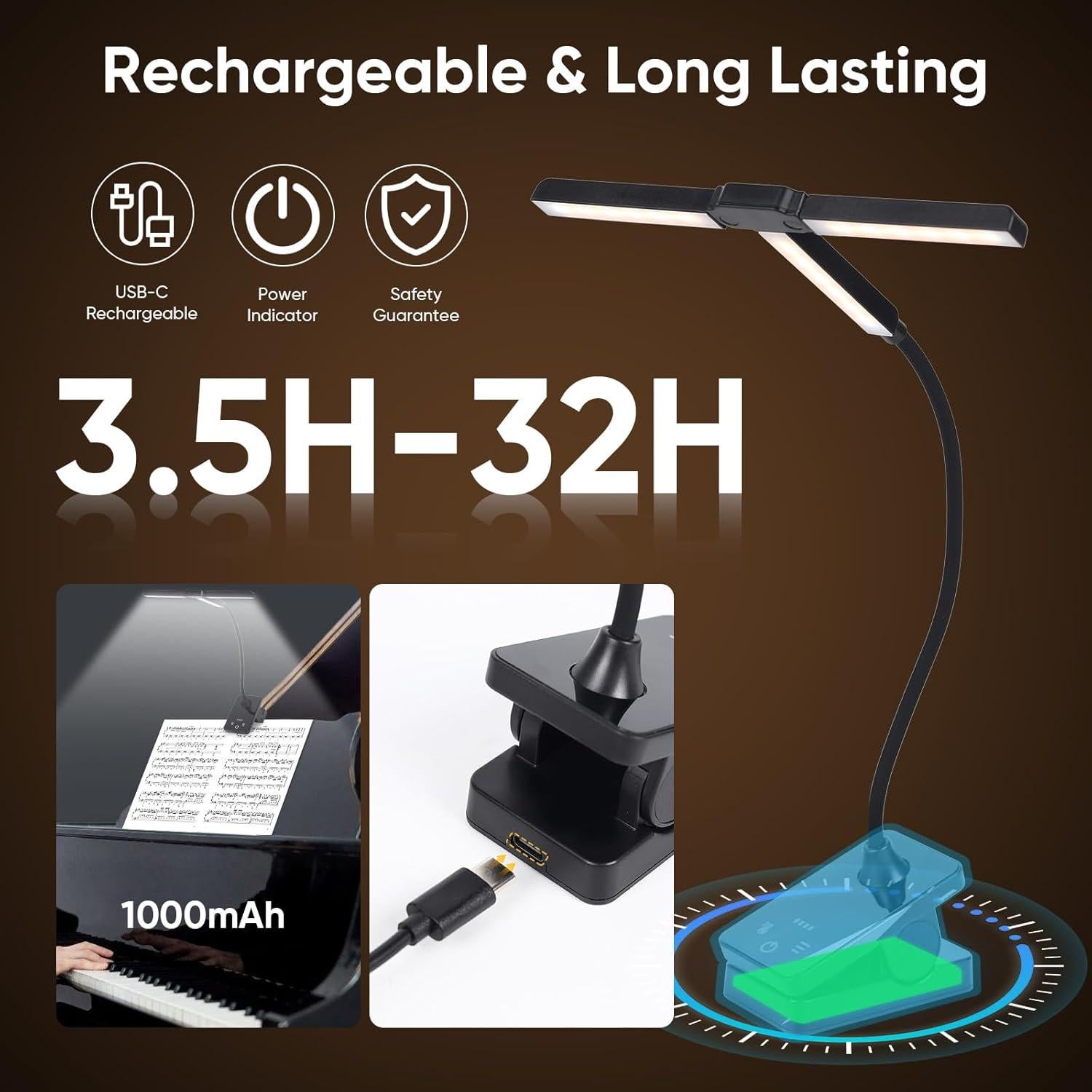 Luz de Atril Recargable Javik Tipo-C Plegable 3 Brillos Negro