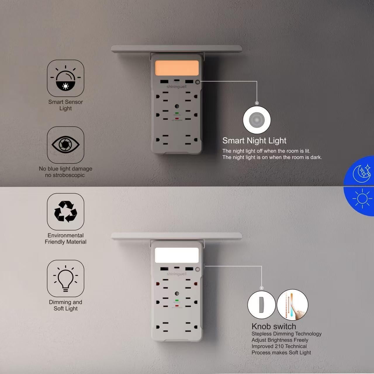 Extensor de Enchufe con Estante y Luz Nocturna Shiningwell