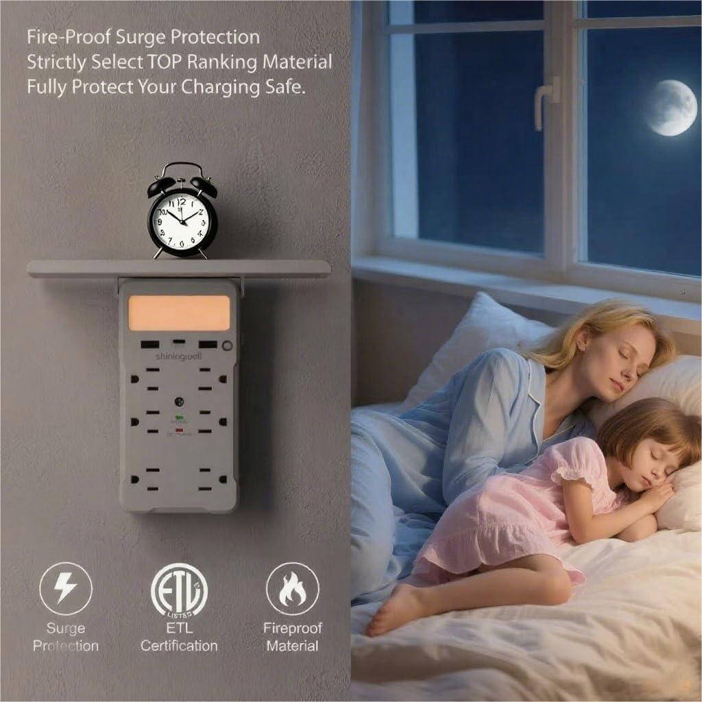 Extensor de Enchufe con Estante y Luz Nocturna Shiningwell