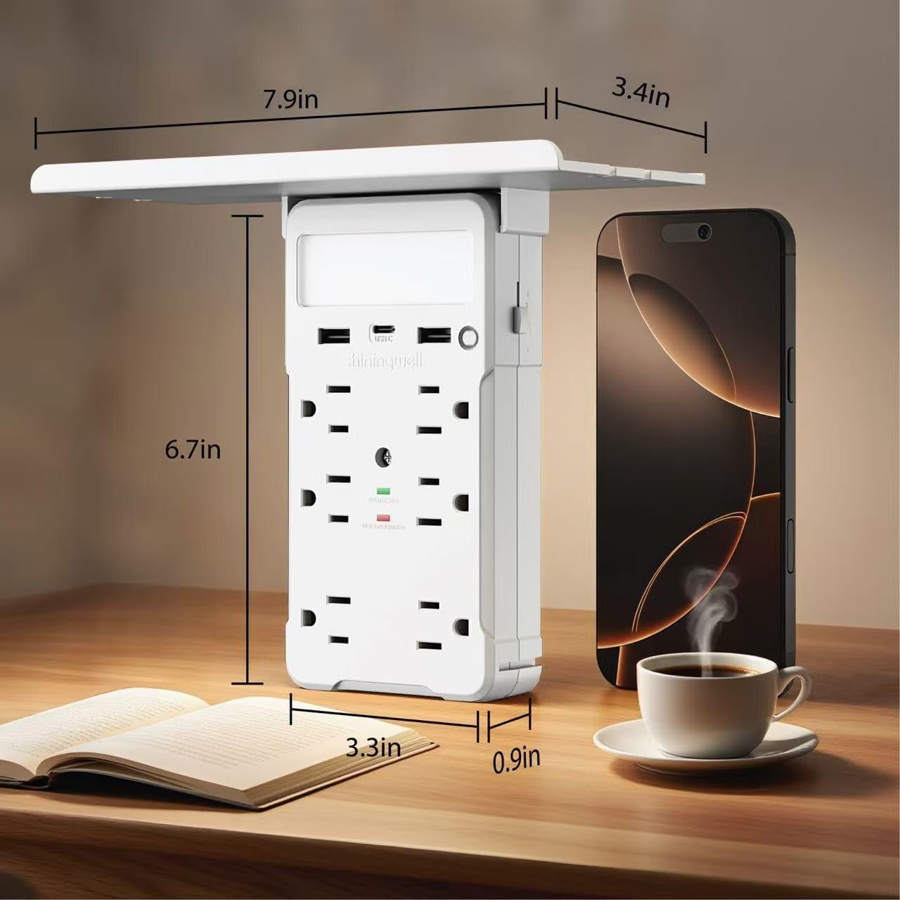 Extensor de Enchufe con Estante y Luz Nocturna Shiningwell