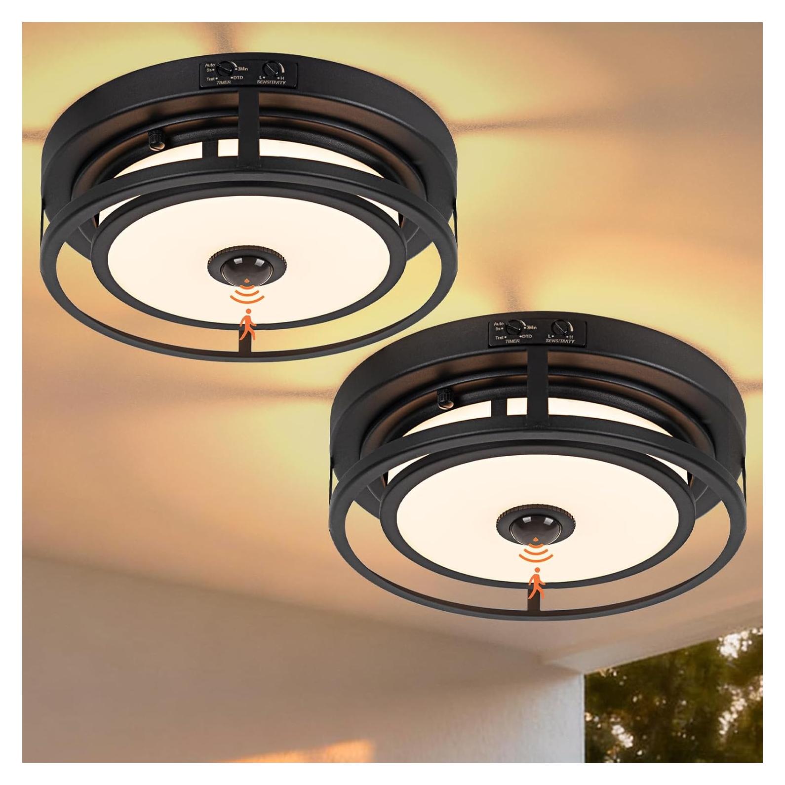 LED Motion Sensor Outdoor Ceiling Light, Flush Mount Ceiling Light Black Porch Lights, 3CCT 3000-5000K, Dusk to Dawn Motion Sensor Outdoor Lights, Anti-Bug, for Porch Entryway Garage, 2 Pack