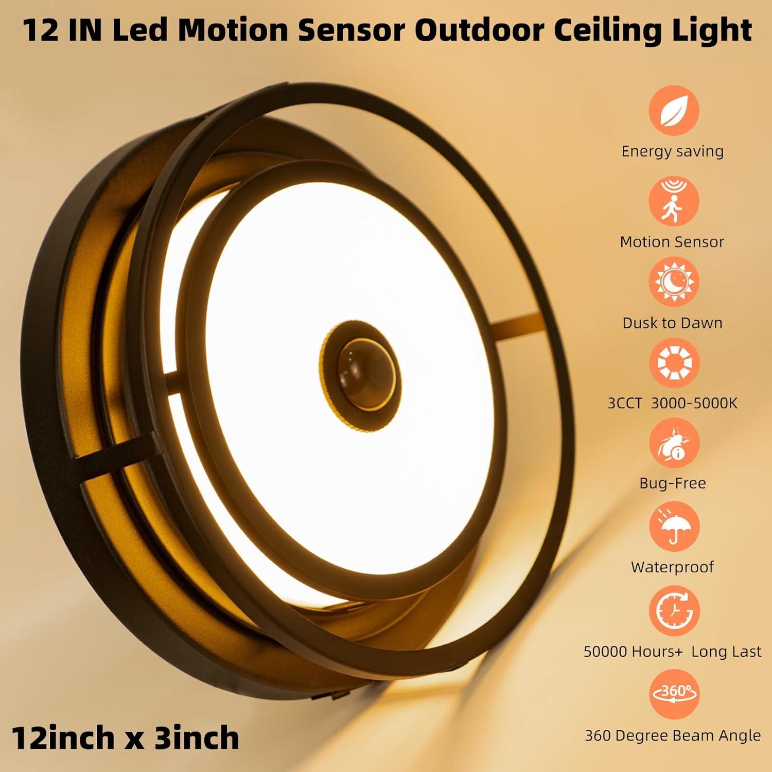 LED Motion Sensor Outdoor Ceiling Light, Flush Mount Ceiling Light Black Porch Lights, 3CCT 3000-5000K, Dusk to Dawn Motion Sensor Outdoor Lights, Anti-Bug, for Porch Entryway Garage, 2 Pack