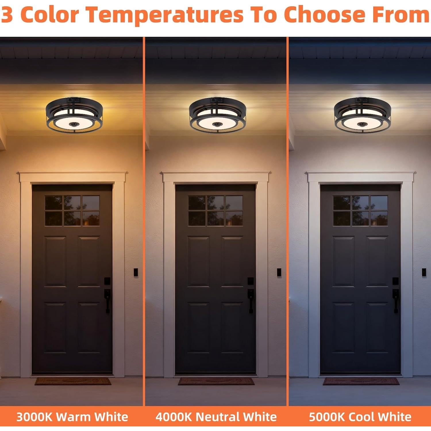 LED Motion Sensor Outdoor Ceiling Light, Flush Mount Ceiling Light Black Porch Lights, 3CCT 3000-5000K, Dusk to Dawn Motion Sensor Outdoor Lights, Anti-Bug, for Porch Entryway Garage, 2 Pack