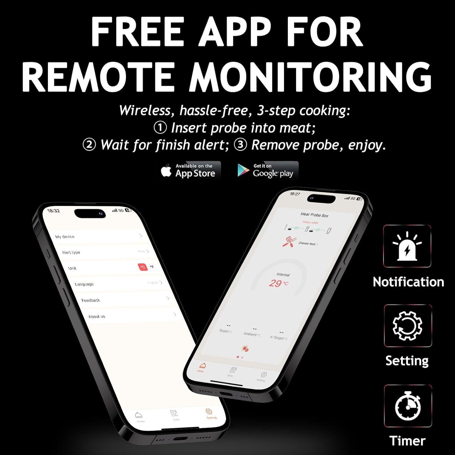 Termómetro de Carne Digital Inalámbrico JOPCPIE 243.84m Bluetooth 5.3