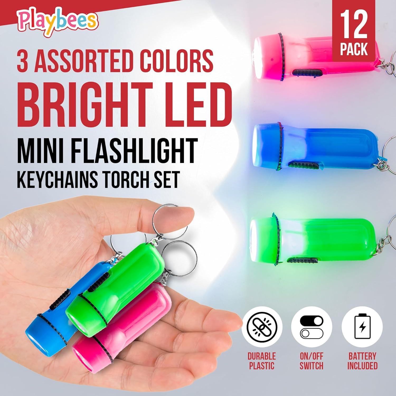 Paquete de 12 Mini Linternas LED Playbees con Llavero - Colores Variados