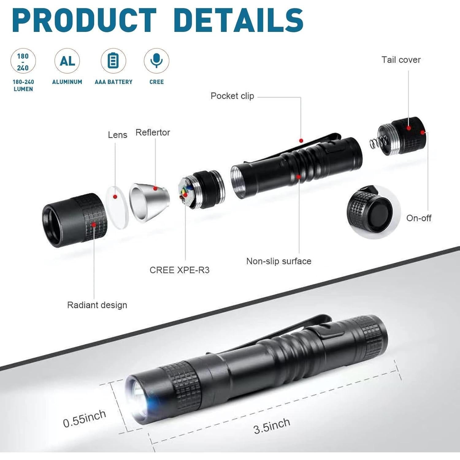 Paquete de 2 Linternas LED Mini YAFIYGI 240 Lúmenes 13.21 cm