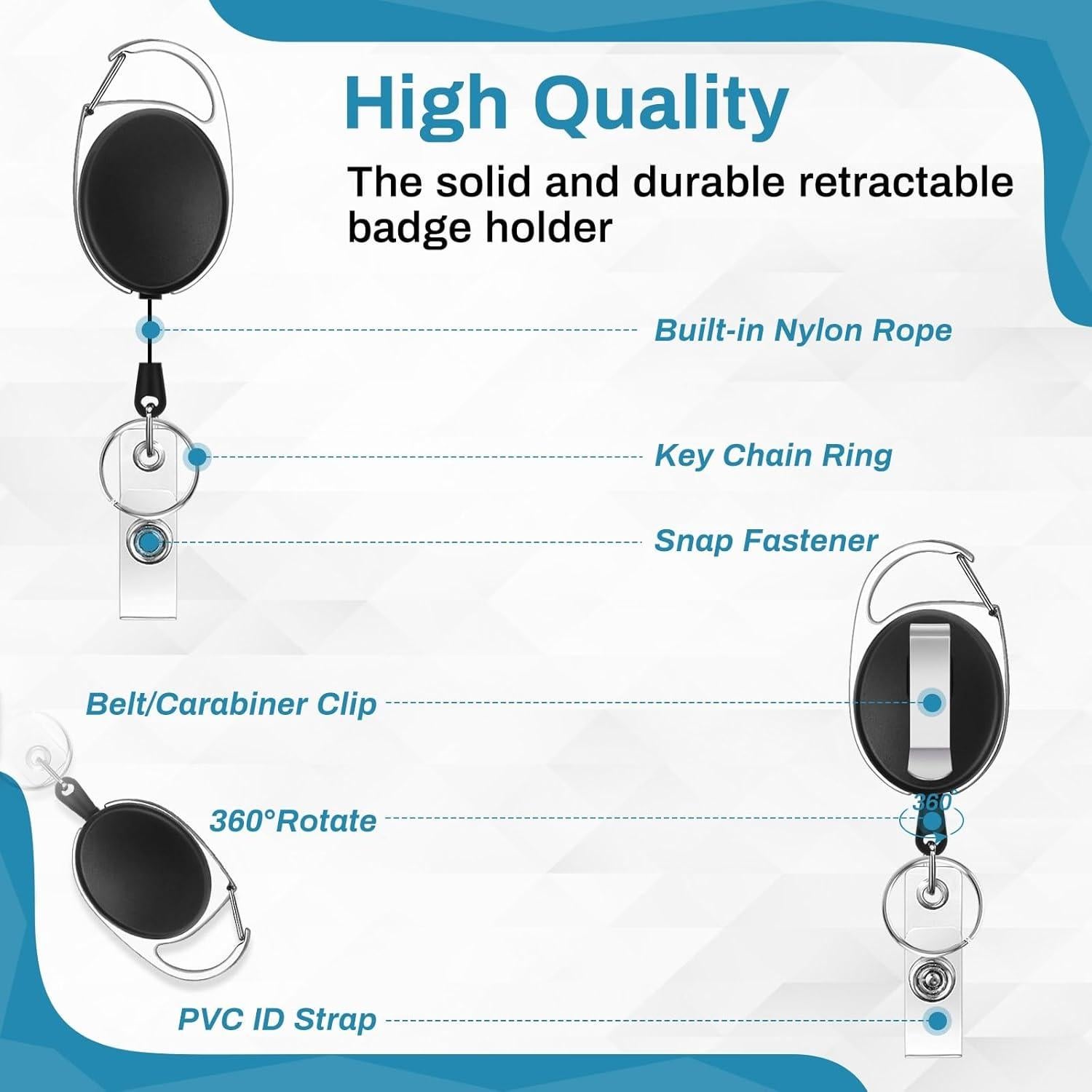 60 Portatarjetas Retráctiles Selizo con Clip Carabiner Negro