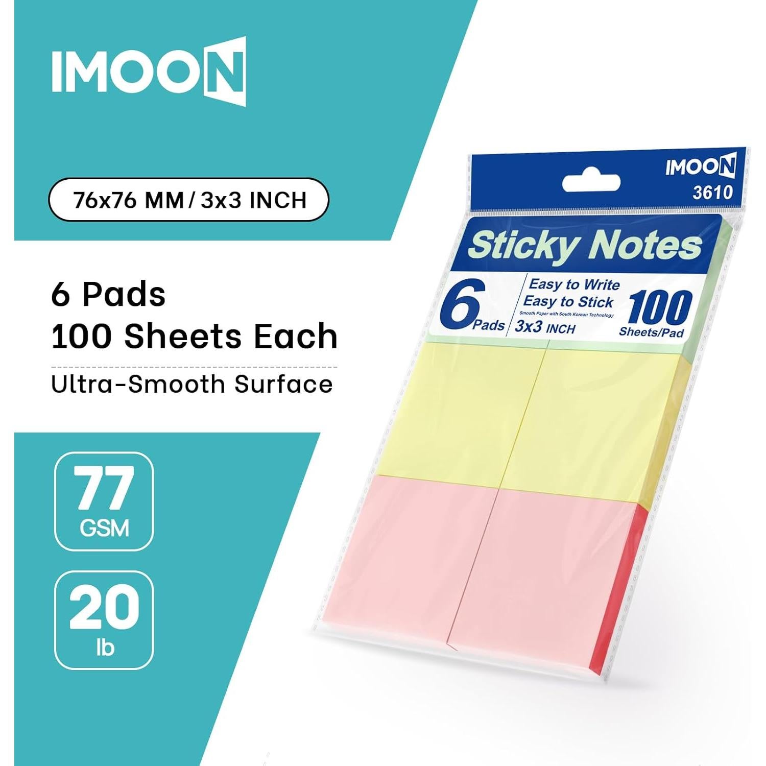 Notas Adhesivas 7.6x7.6 cm imoon - 6 Blocs Pastel 100 Hojas