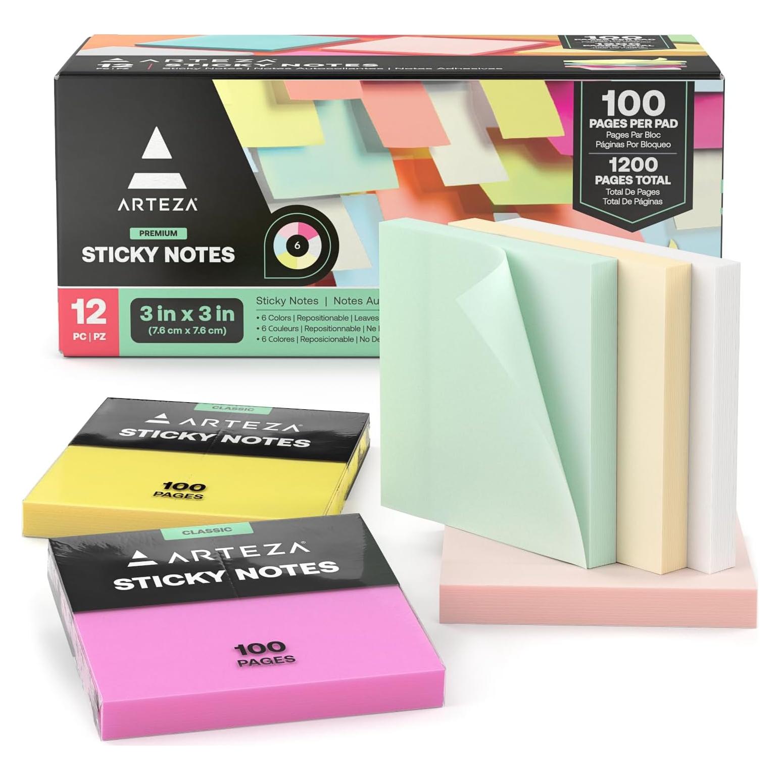Notas Adhesivas ARTEZA 7.62x7.62 cm, 12 Paquetes Colores Pastel