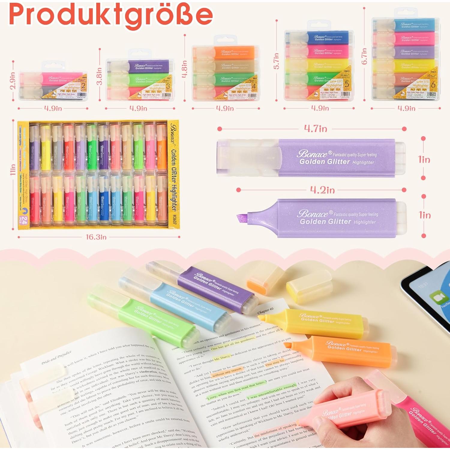 Resaltadores Brillantes Metálicos BONACE - Paquete de 24 Colores