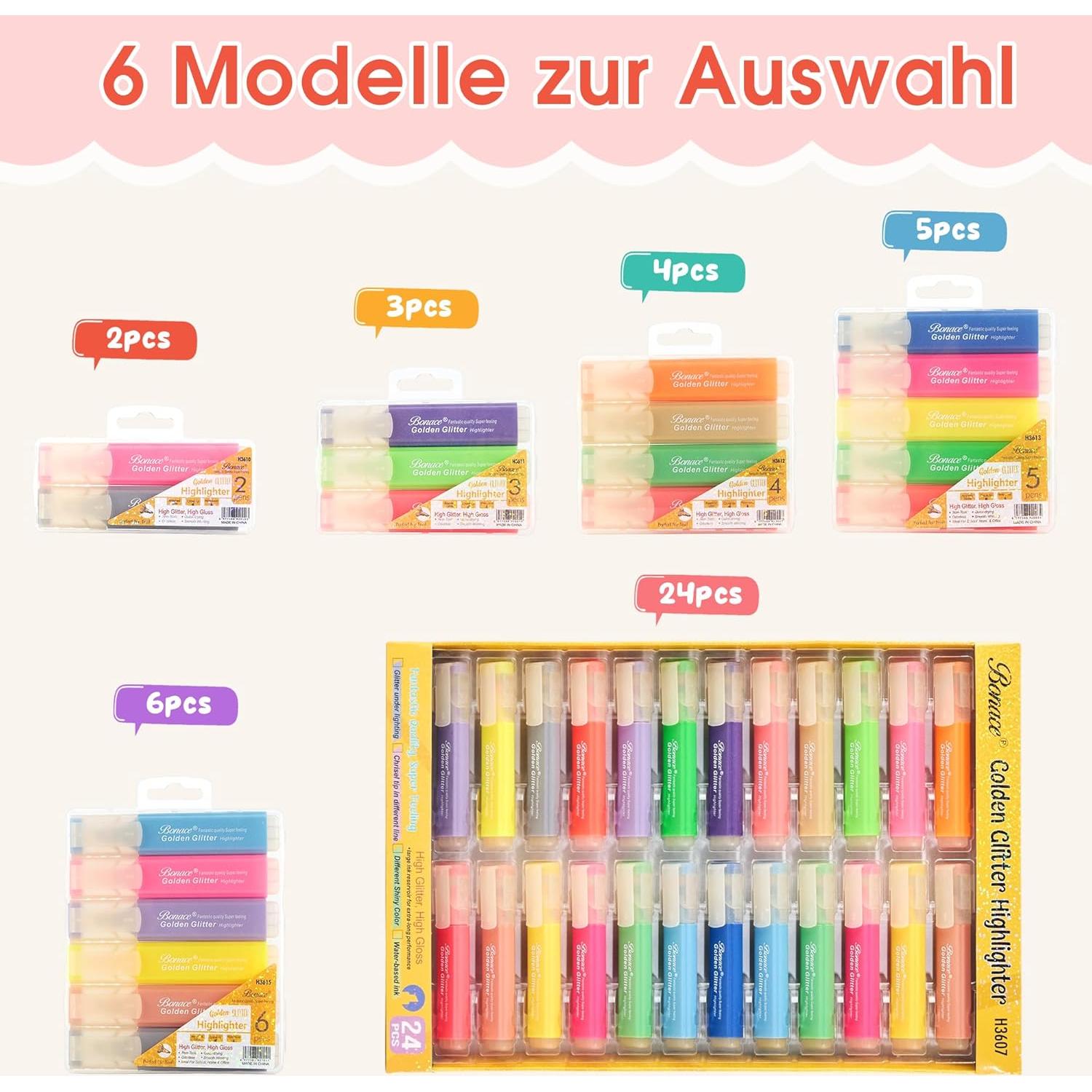 Resaltadores Brillantes Metálicos BONACE - Paquete de 24 Colores