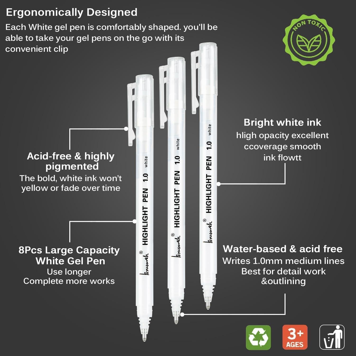 Bolígrafos de Gel Blancos Brusarth, 8 Piezas, Punta Fina 1mm